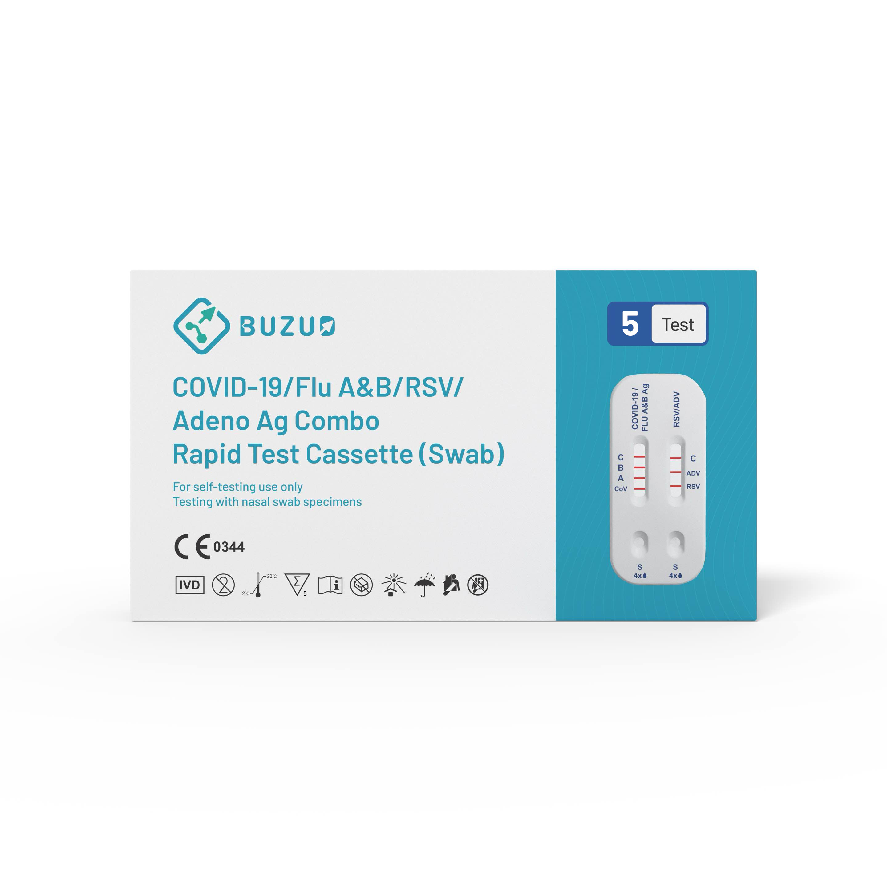 COVID-19/Flu A&B/RSV/Adeno Ag Combo Rapid Test Cassette (Swab) (5 tests/box)